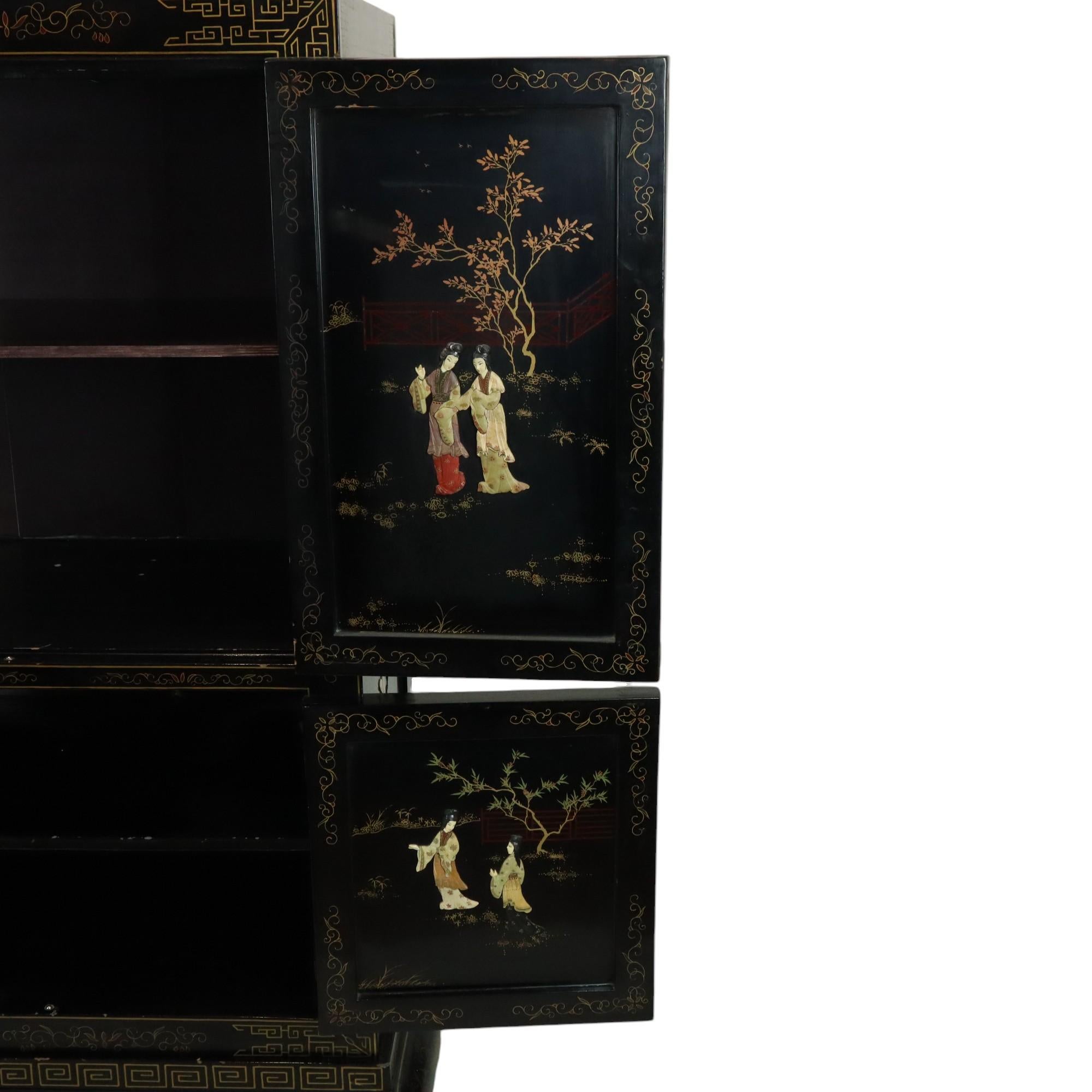 Mueble Bar Vintage Chino Madera Lacada Negra Jabonera Nácar en Bastante bueno Estado en Poperinge, BE