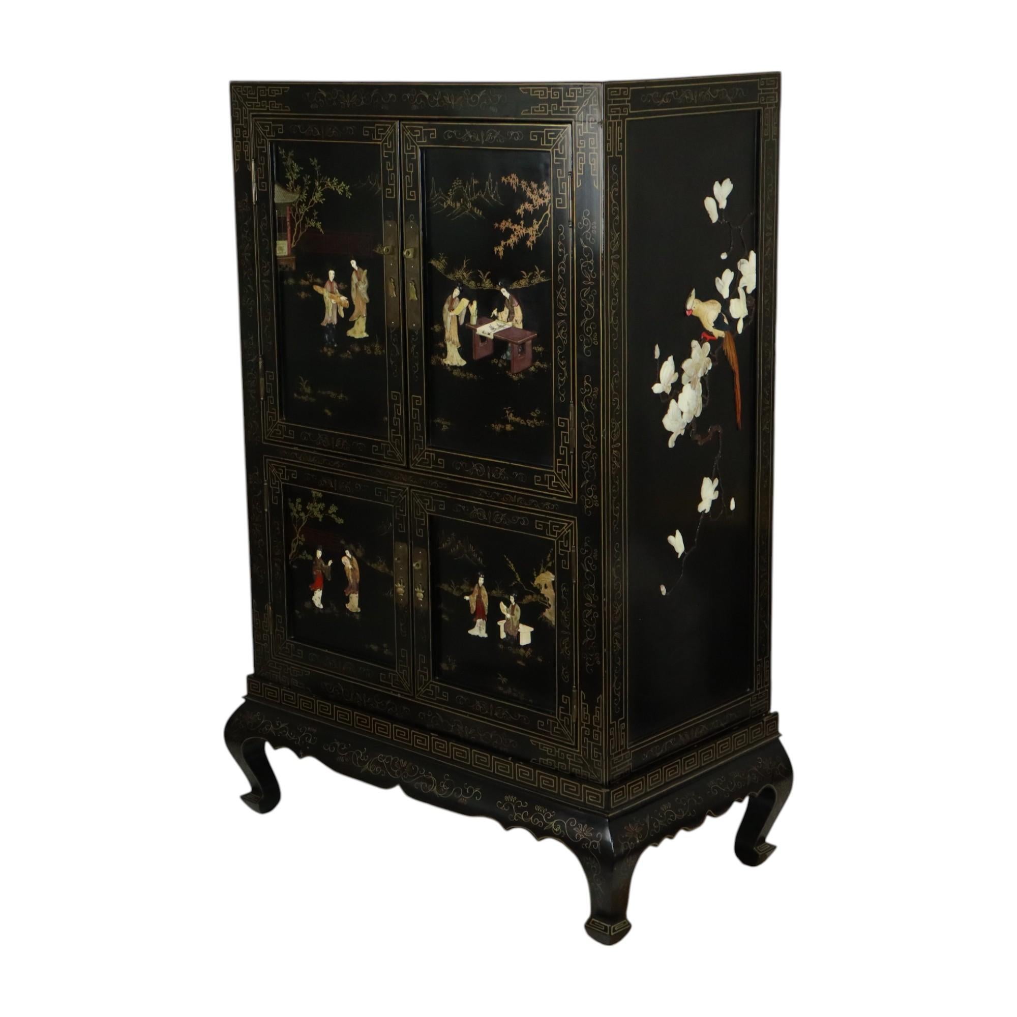 Mueble Bar Vintage Chino Madera Lacada Negra Jabonera Nácar Esteatita