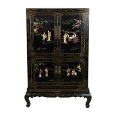 Vintage Chinese Bar Cabinet Black Lacquered Wood Soapstone Mother of Pearl