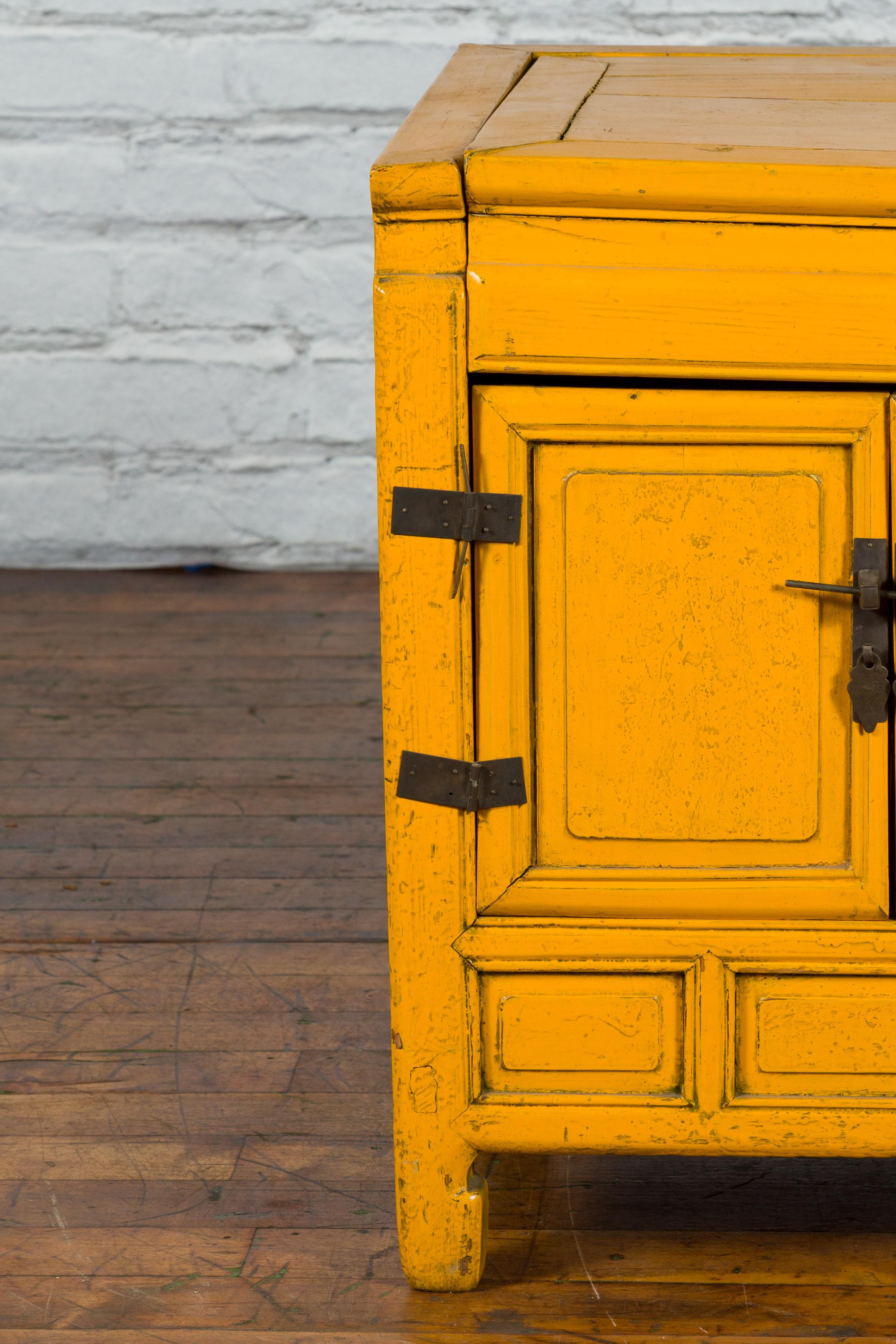 Brass Vintage Chinese Bedside Cabinet with Yellow Lacquer, Lift Top and Two Doors For Sale