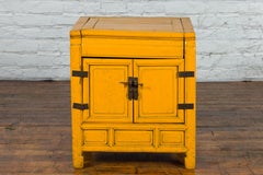 Vintage Bedside Cabinet with Yellow Lacquer, Lift Top and Two Doors
