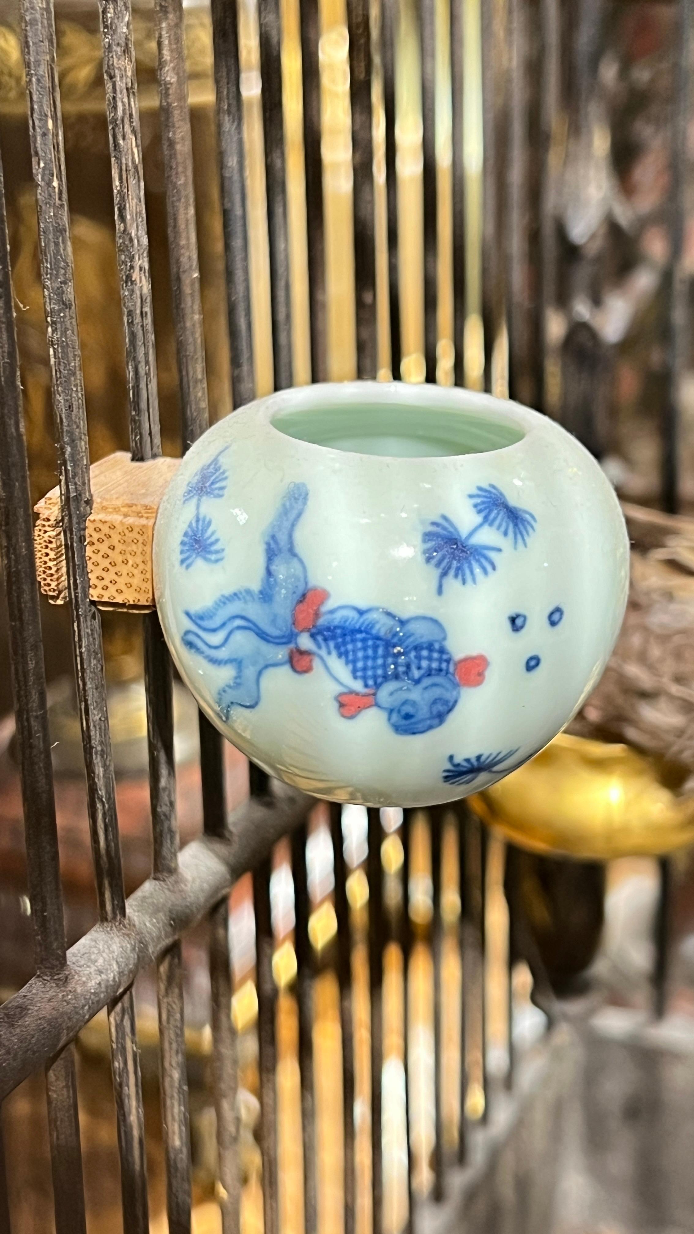 Vintage  Chinese Bird Cage with Porcelain Feeders For Sale 8