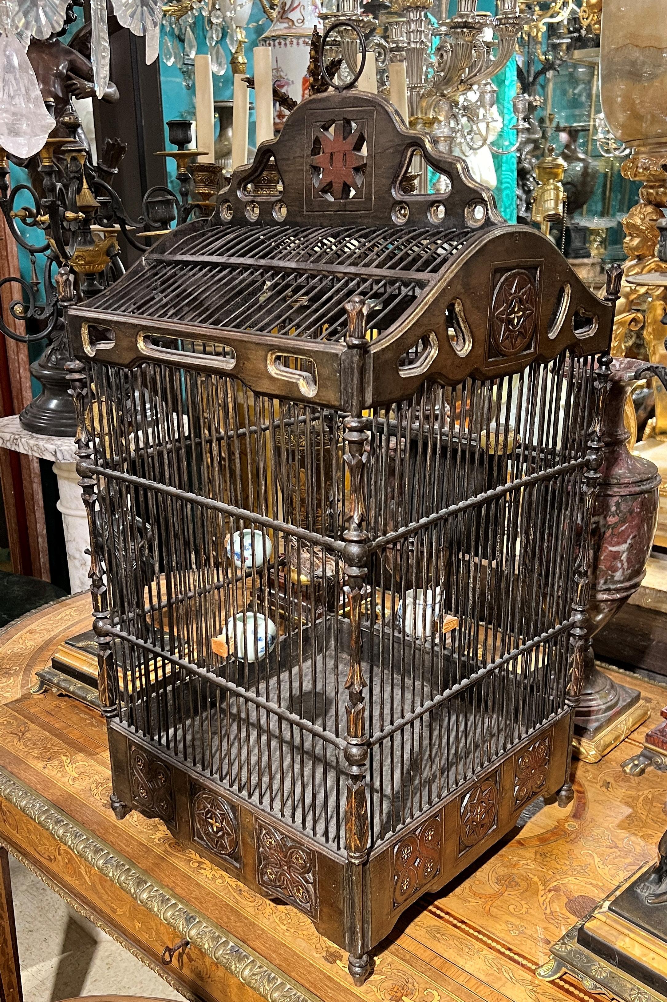 Vintage  Chinese Bird Cage with Porcelain Feeders For Sale 10