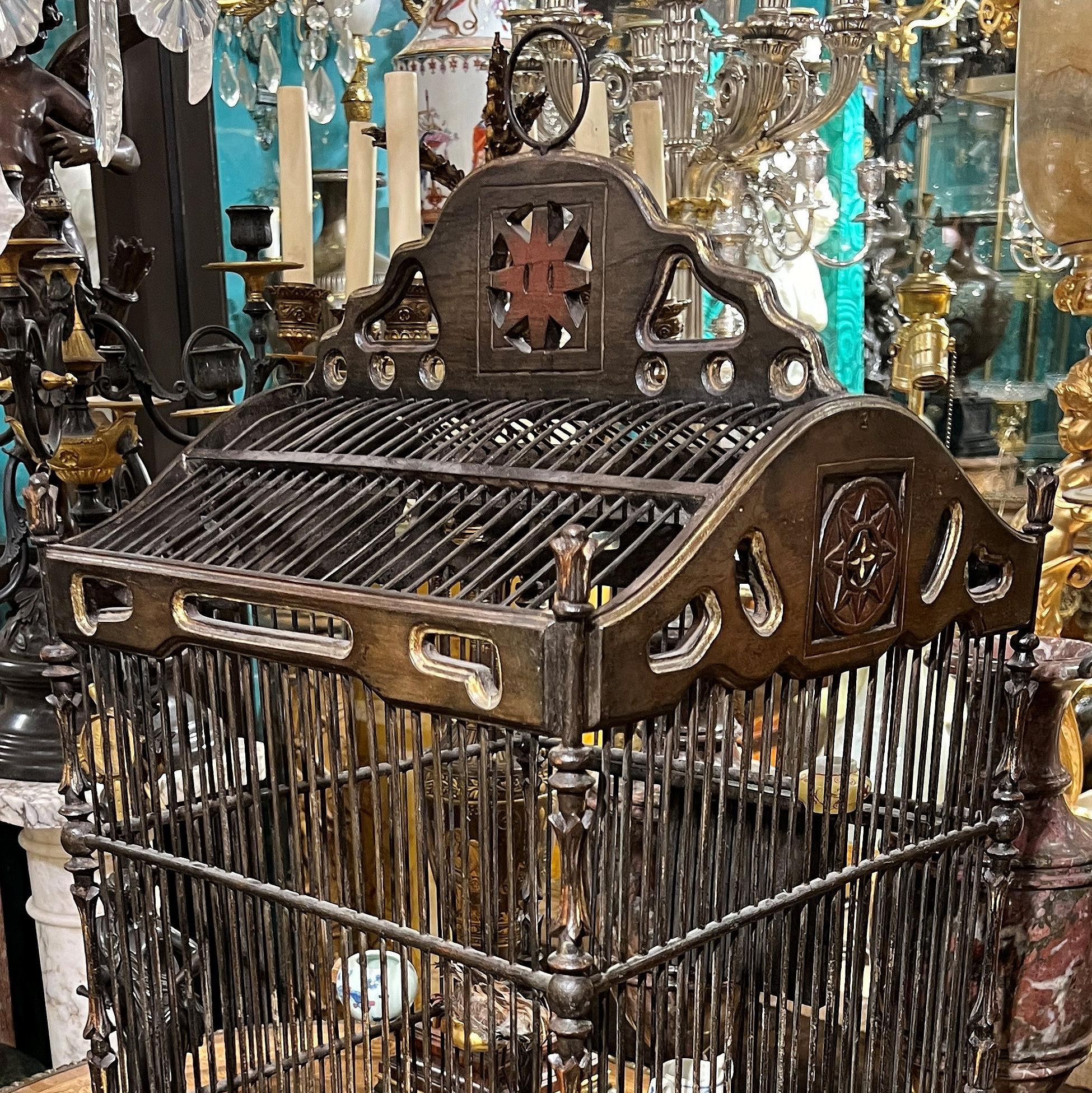 Vintage  Chinese Bird Cage with Porcelain Feeders For Sale 11