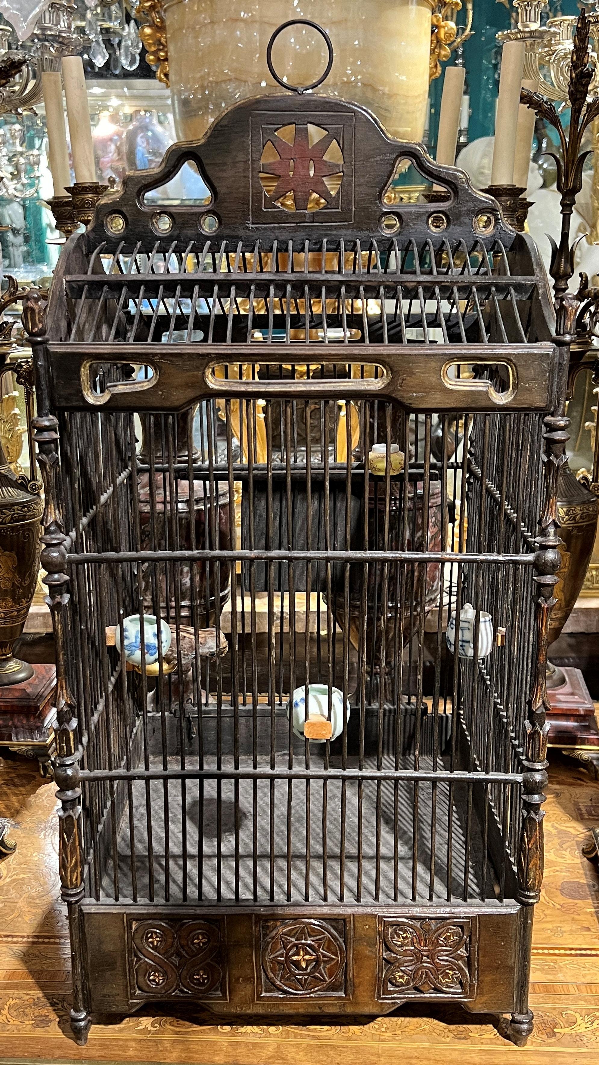 Vintage  Chinese Bird Cage with Porcelain Feeders For Sale 12
