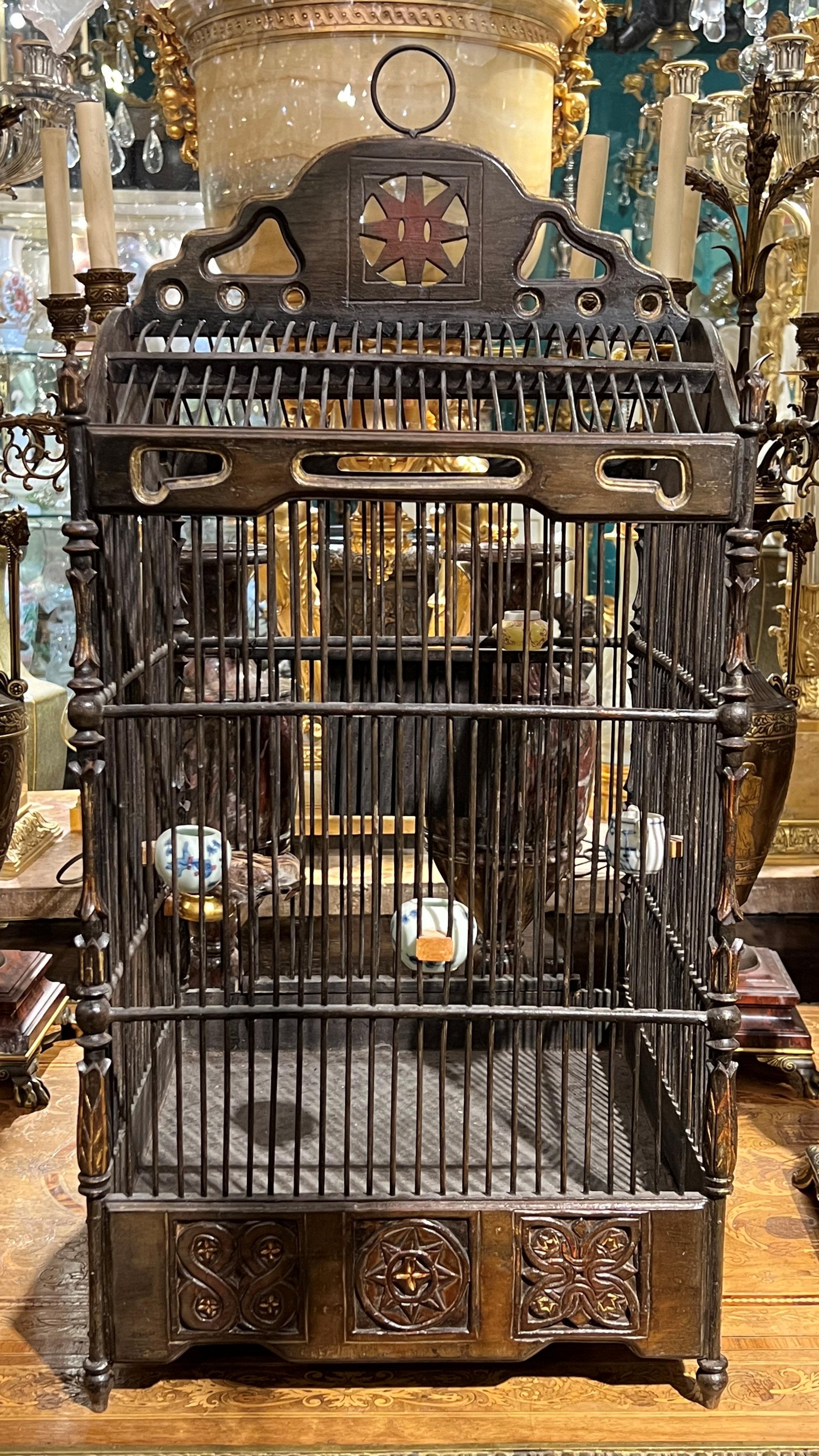 Vintage  Chinese Bird Cage with Porcelain Feeders For Sale 13