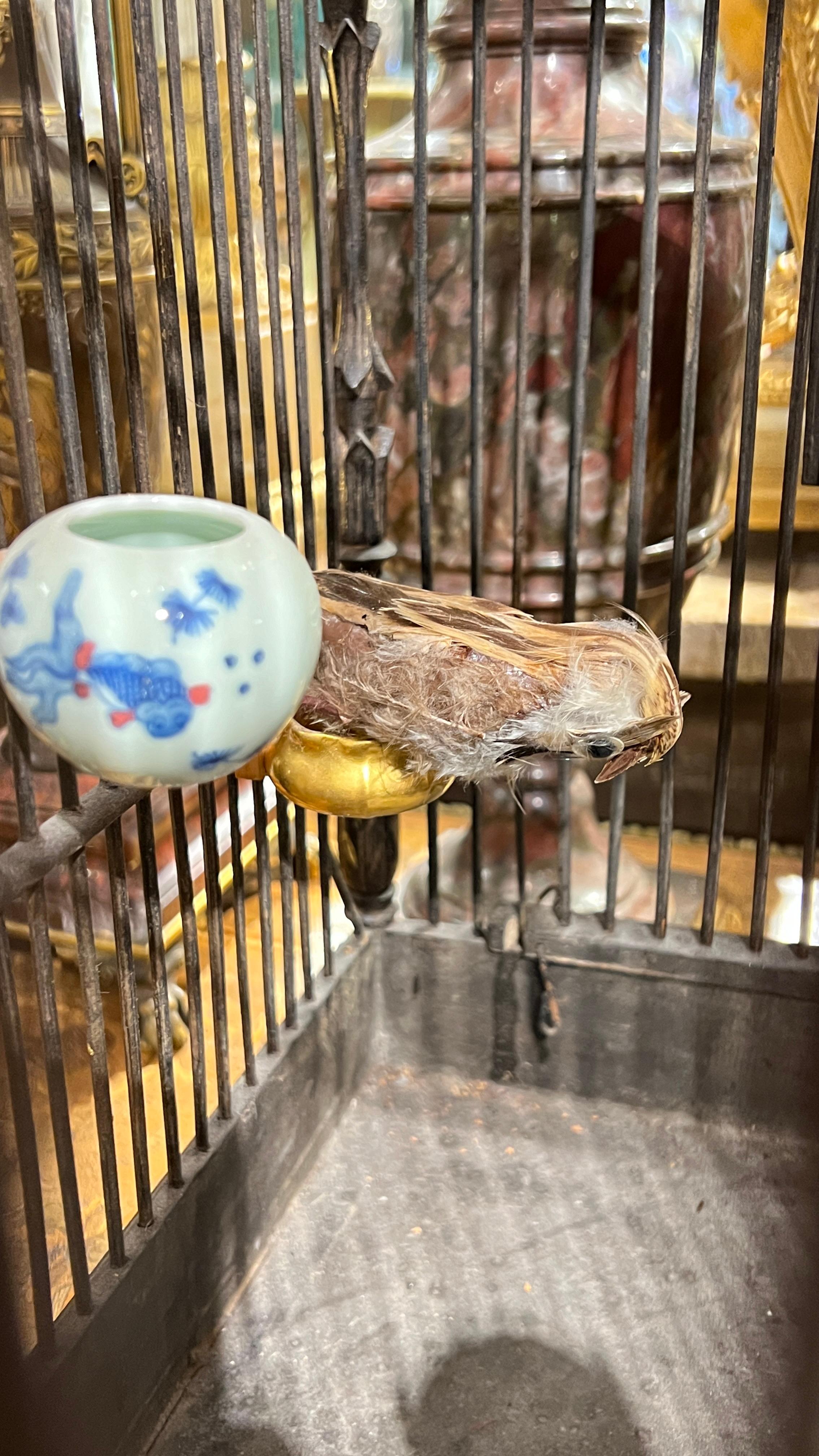 Vintage  Chinese Bird Cage with Porcelain Feeders For Sale 4