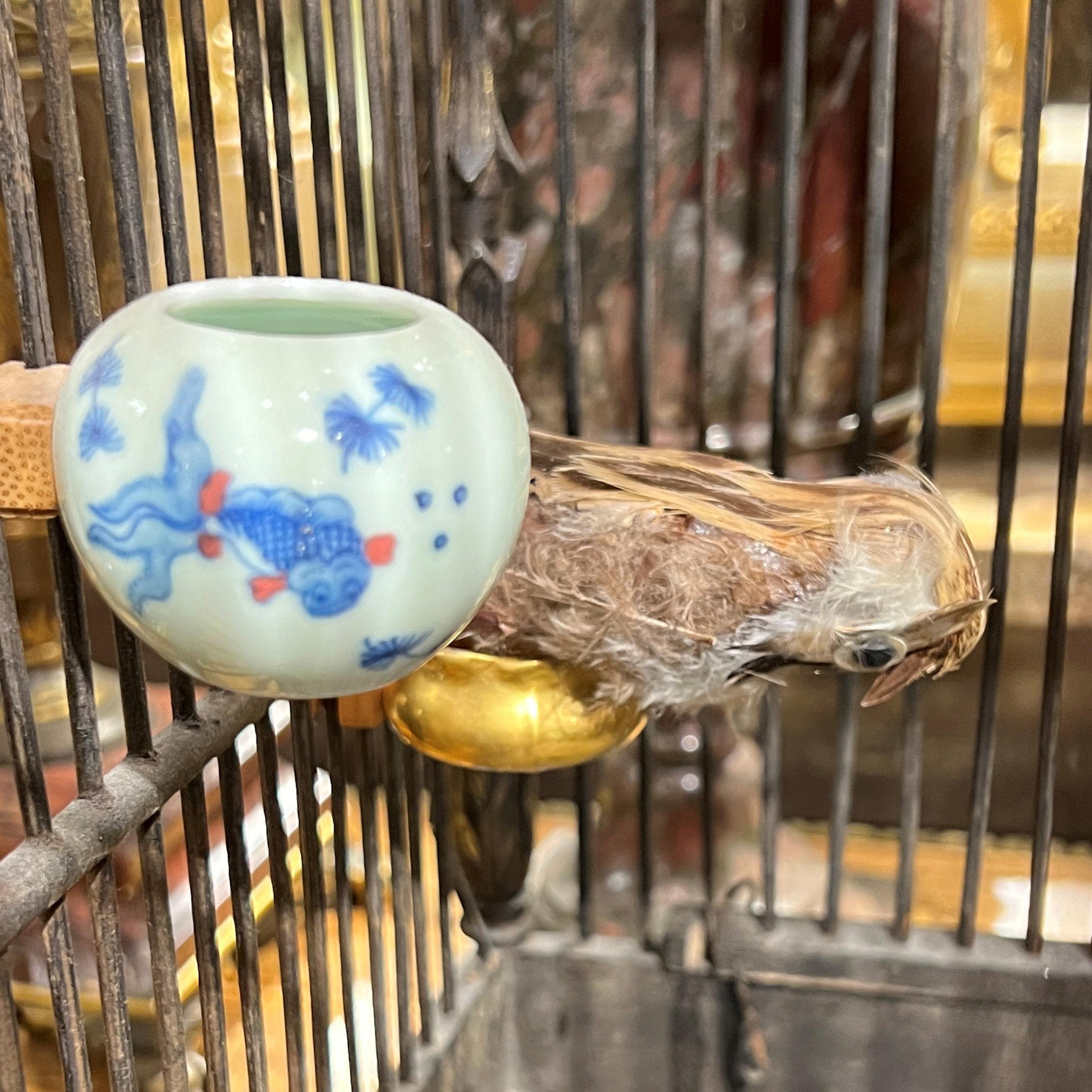 Vintage  Chinese Bird Cage with Porcelain Feeders For Sale 5