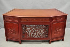 Vintage Chinese Bird Carved Hardwood Kneehole Writing Desk with Decorated Back