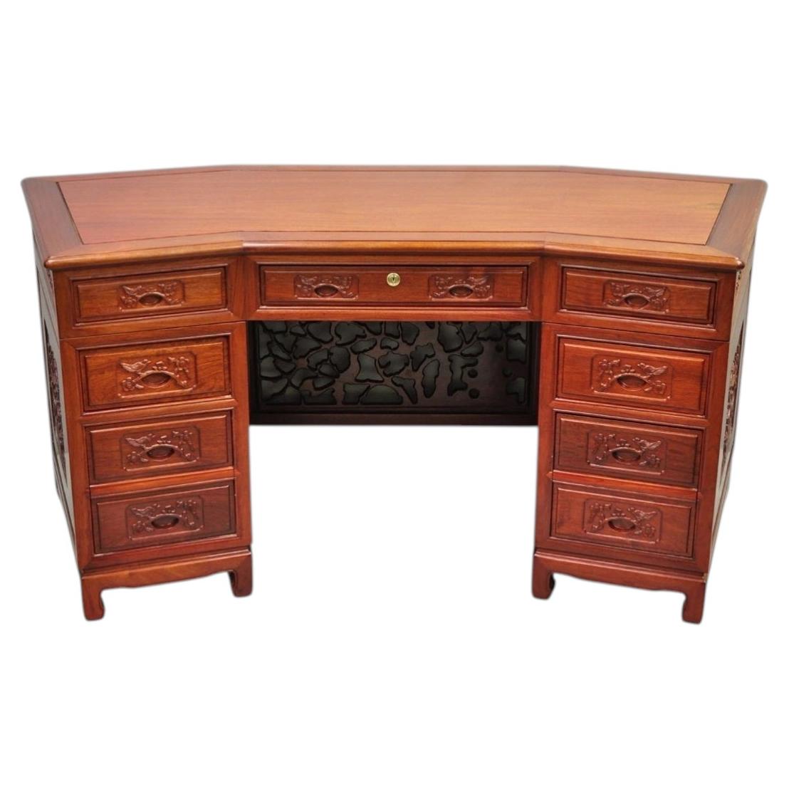 Vintage Chinese Bird Carved Hardwood Kneehole Writing Desk with Decorated Back