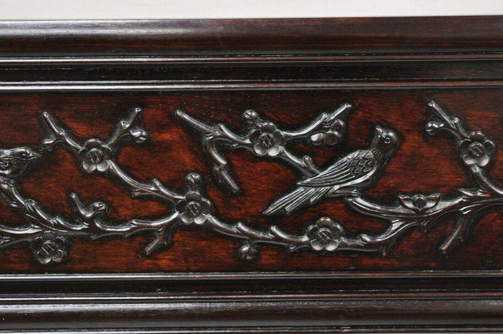Chinoiserie Vintage Chinese Bird Carved Hardwood Mahogany Rectangular Oriental Wall Mirror For Sale