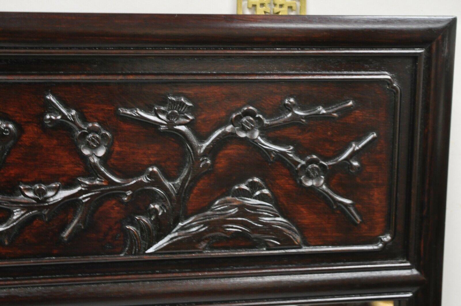 Vintage Chinese Bird Carved Hardwood Mahogany Rectangular Oriental Wall Mirror In Good Condition For Sale In Philadelphia, PA