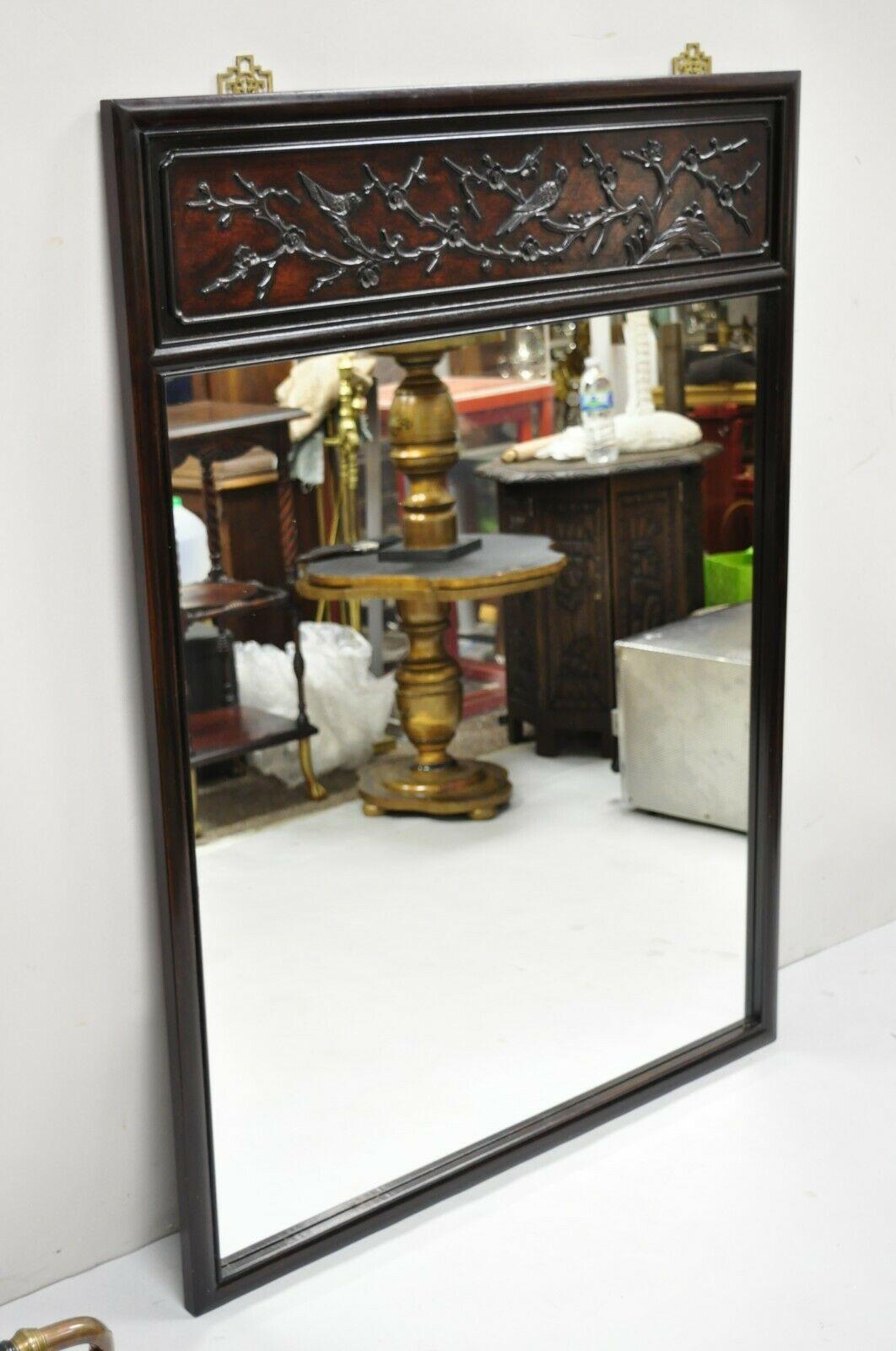 Vintage Chinese Bird Carved Hardwood Mahogany Rectangular Oriental Wall Mirror For Sale 3