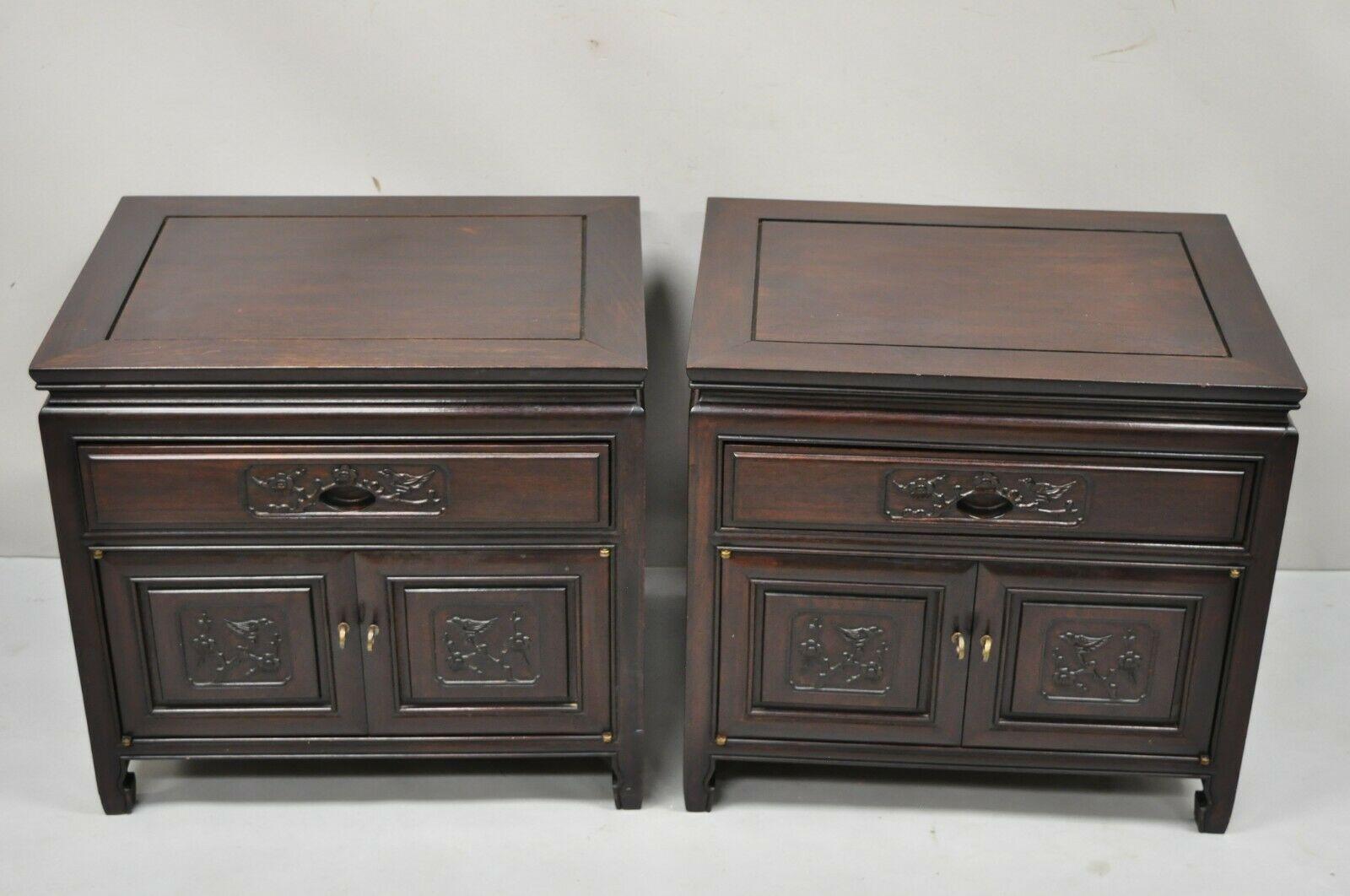 Vintage Chinese Bird Carved Mahogany Hardwood Asian Oriental Nightstand, a Pair 3