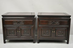 Vintage Chinese Bird Carved Mahogany Hardwood Asian Oriental Nightstand, a Pair