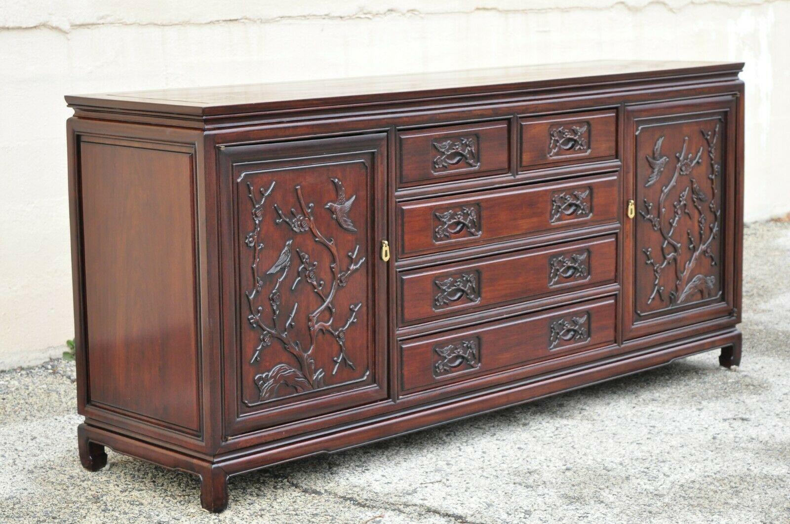 Vintage Chinese Bird Carved Mahogany Hardwood Buffet Sideboard Server Credenza. Item features bird carved fronts, solid wood construction, beautiful wood grain, nicely carved details, 2 swing doors, 5 dovetailed drawers, 2 wooden shelves, quality