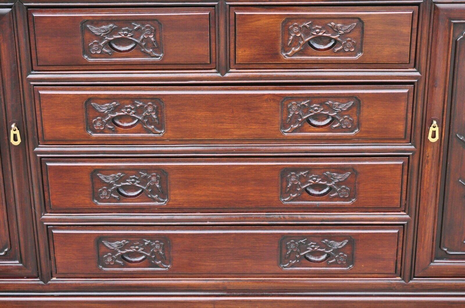 Chinese Export Vintage Chinese Bird Carved Mahogany Hardwood Buffet Sideboard Server Credenza