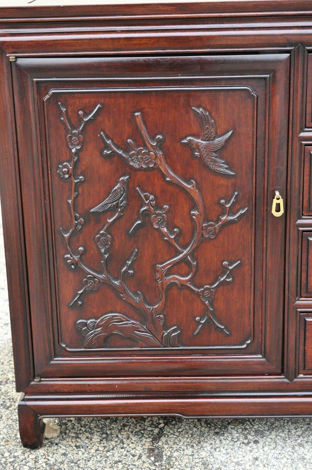 Vintage Chinese Bird Carved Mahogany Hardwood Buffet Sideboard Server Credenza In Good Condition In Philadelphia, PA