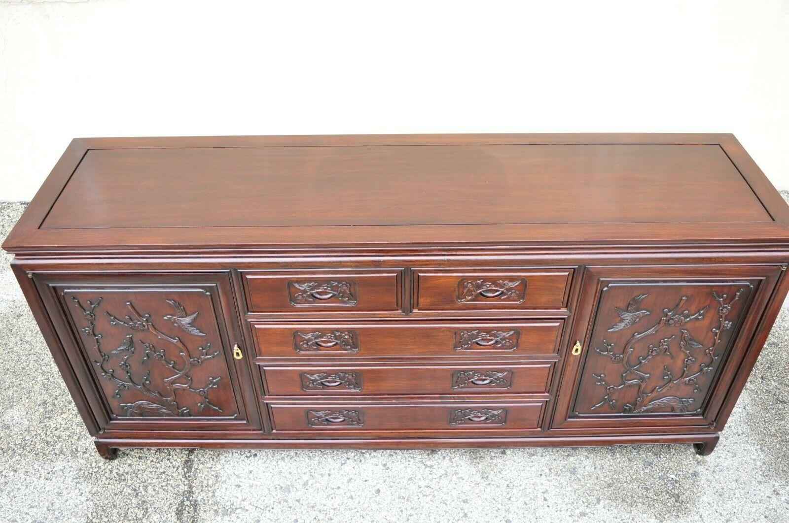 20th Century Vintage Chinese Bird Carved Mahogany Hardwood Buffet Sideboard Server Credenza