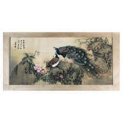 Vintage Chinese Peacocks & Flowers Handpainted Silk Scroll – Marked Zhang Daqian