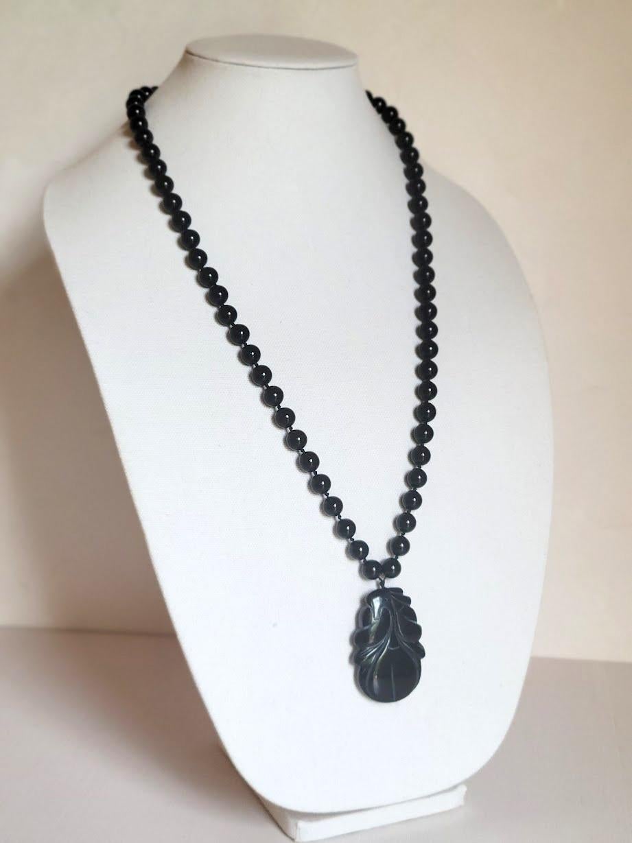 Bead Vintage Chinese Black Agate Necklace For Sale