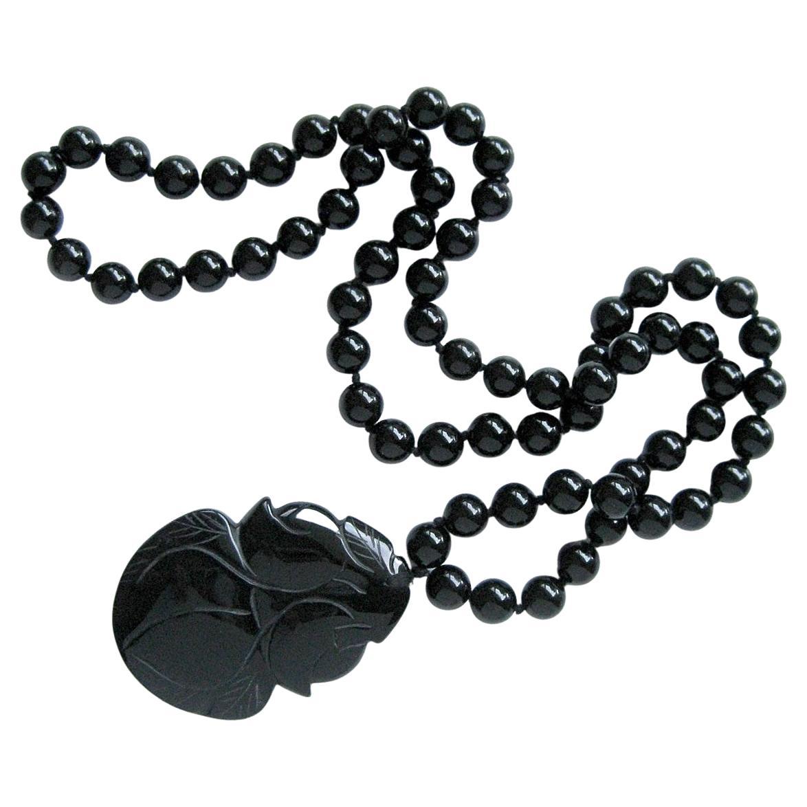 Vintage Chinese Black Agate Necklace For Sale