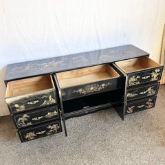 Vintage Chinese Black and Gold Hand Painted Dresser With Mirrors - 3 Pieces