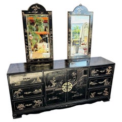 Comò cinese d
epoca dipinto a mano in oro e nero con specchi - 3 pezzi