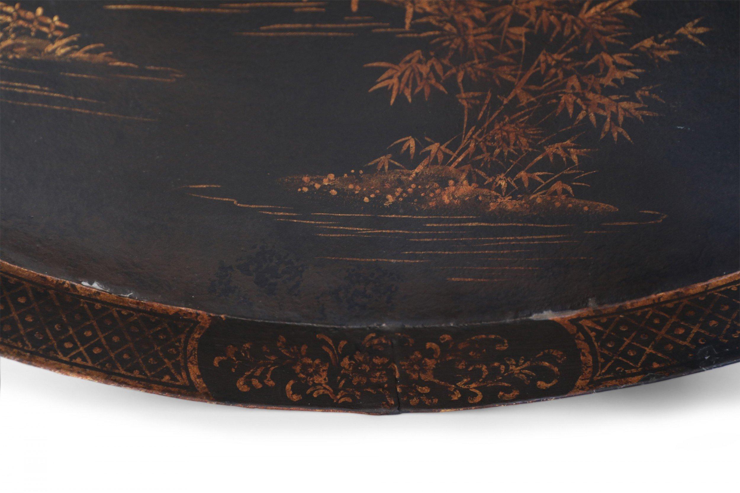 Painted Vintage Chinese Black and Gold Tole Lake Scene Oval Tray For Sale