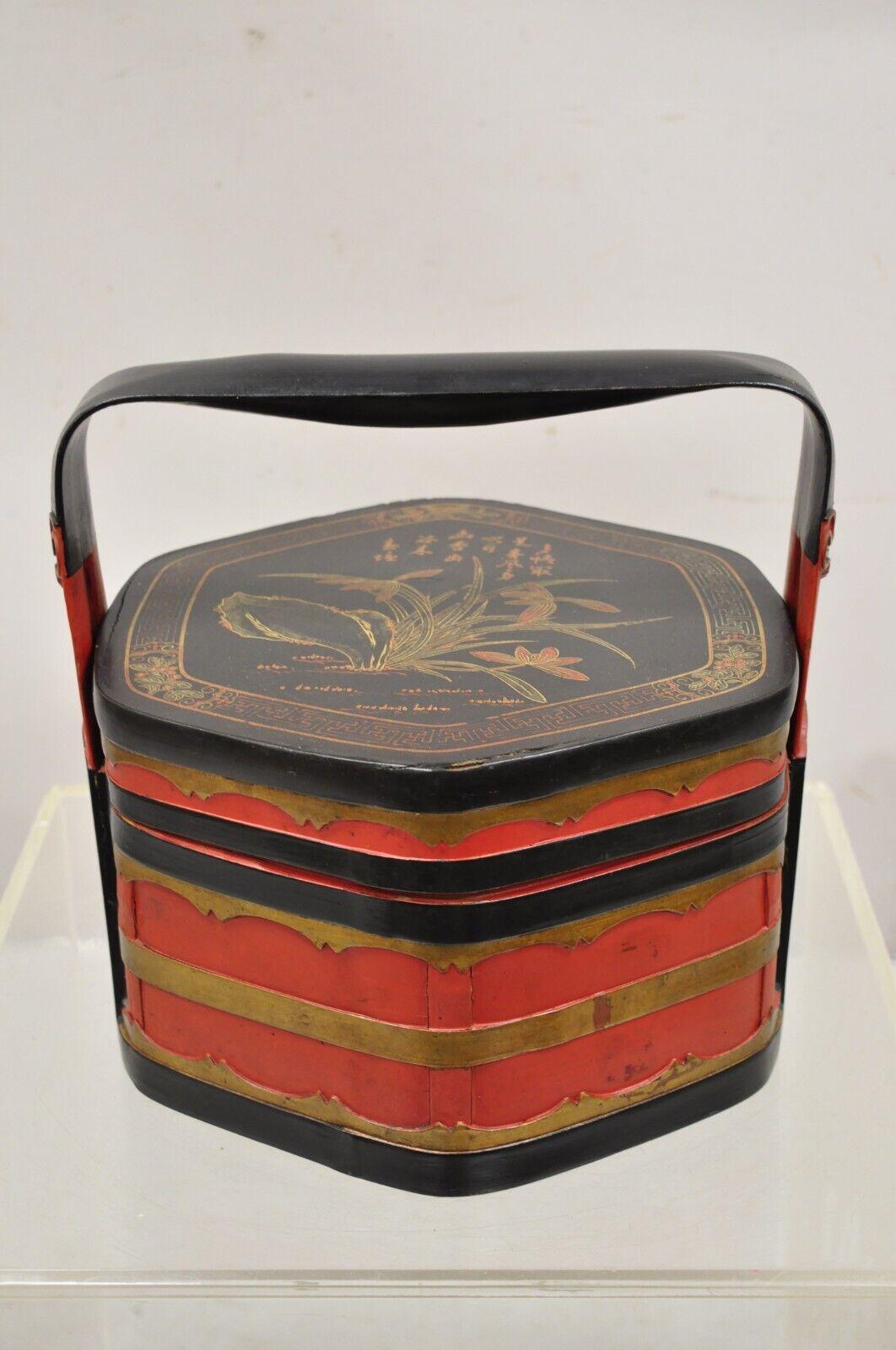 Vintage Chinese Black and Red Lacquer Floral Painted Lidded Wooden Basket Box. Circa Early to Mid 20th Century. Measurements: 11