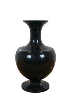 Vintage Chinese Black Carved Jade Marble Stone Flower Vase 12"