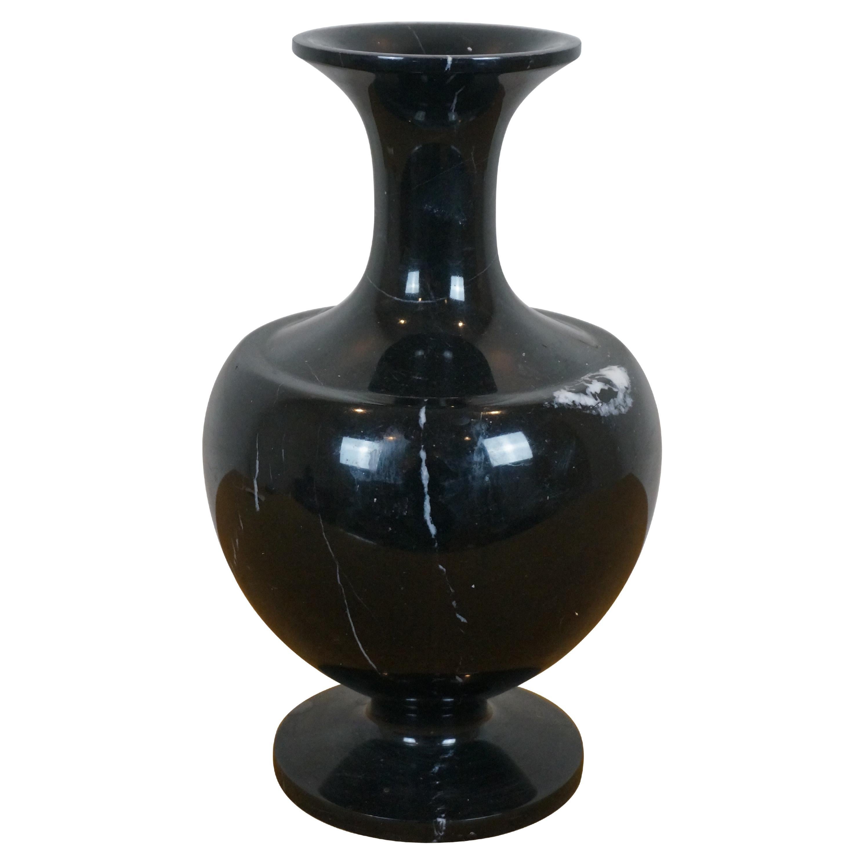 Vintage Chinese Black Carved Jade Marble Stone Flower Vase 12" (Vase à fleurs en pierre)