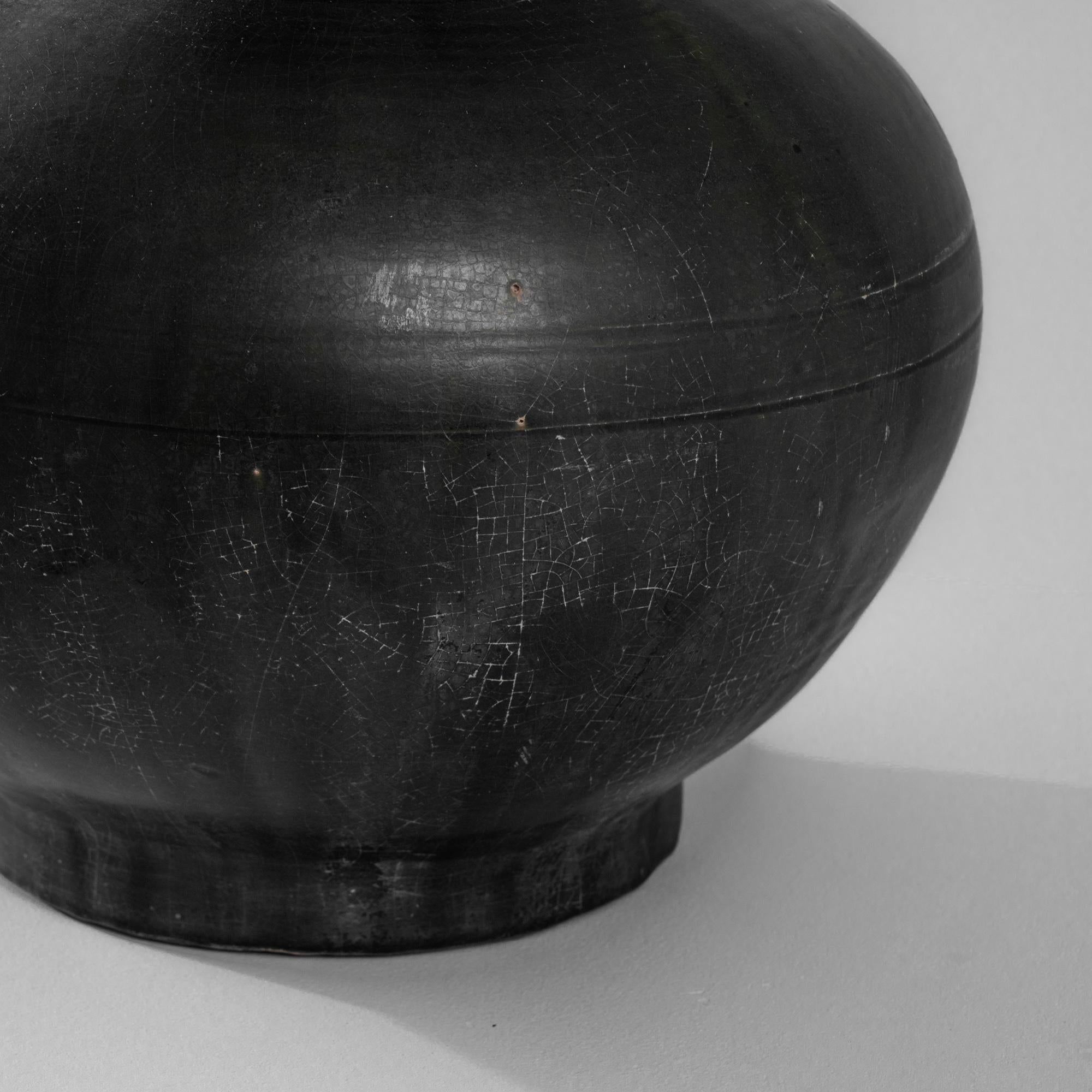 Early 20th Century Vintage Chinese Black Ceramic Vase Table Lamp