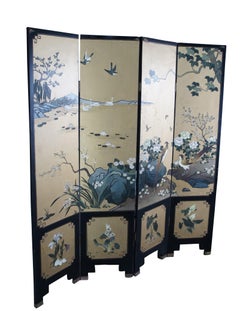 Vintage Chinese Black Lacquer 4 Panel Hand Painted Folding Screen Room Divider