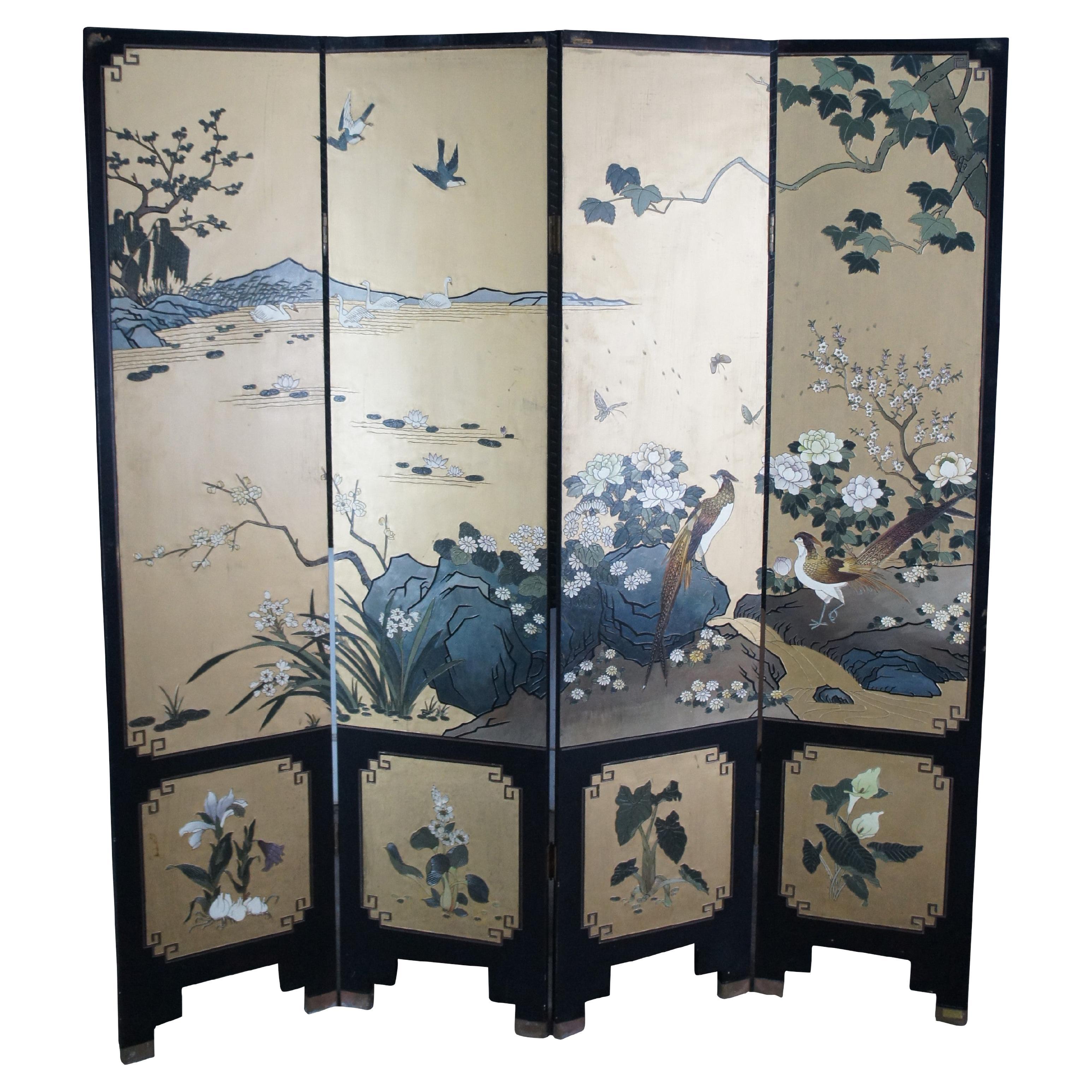 Vintage Chinese Black Lacquer 4 Panel Hand Painted Folding Screen Room Divider