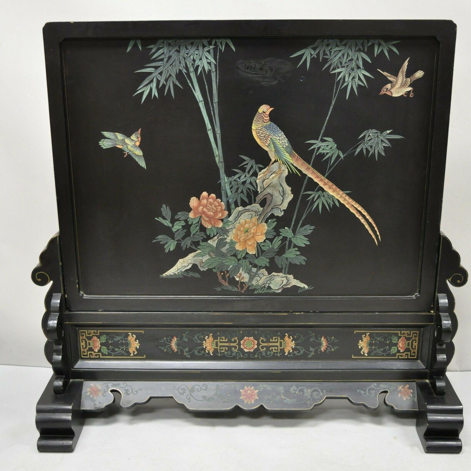 Vintage Chinese Black Lacquer Asian Fireplace Screen Fire Screen Divider For Sale 3