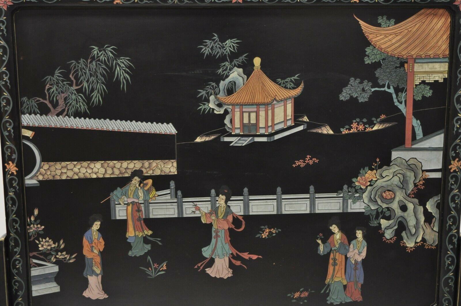 Vintage Chinese Black Lacquer Asian fireplace screen fire screen divider.
Item is painted on both sides with village scene and bird scene, black lacquer finish, nice impressive size, solid wood construction, 2 part construction, quality