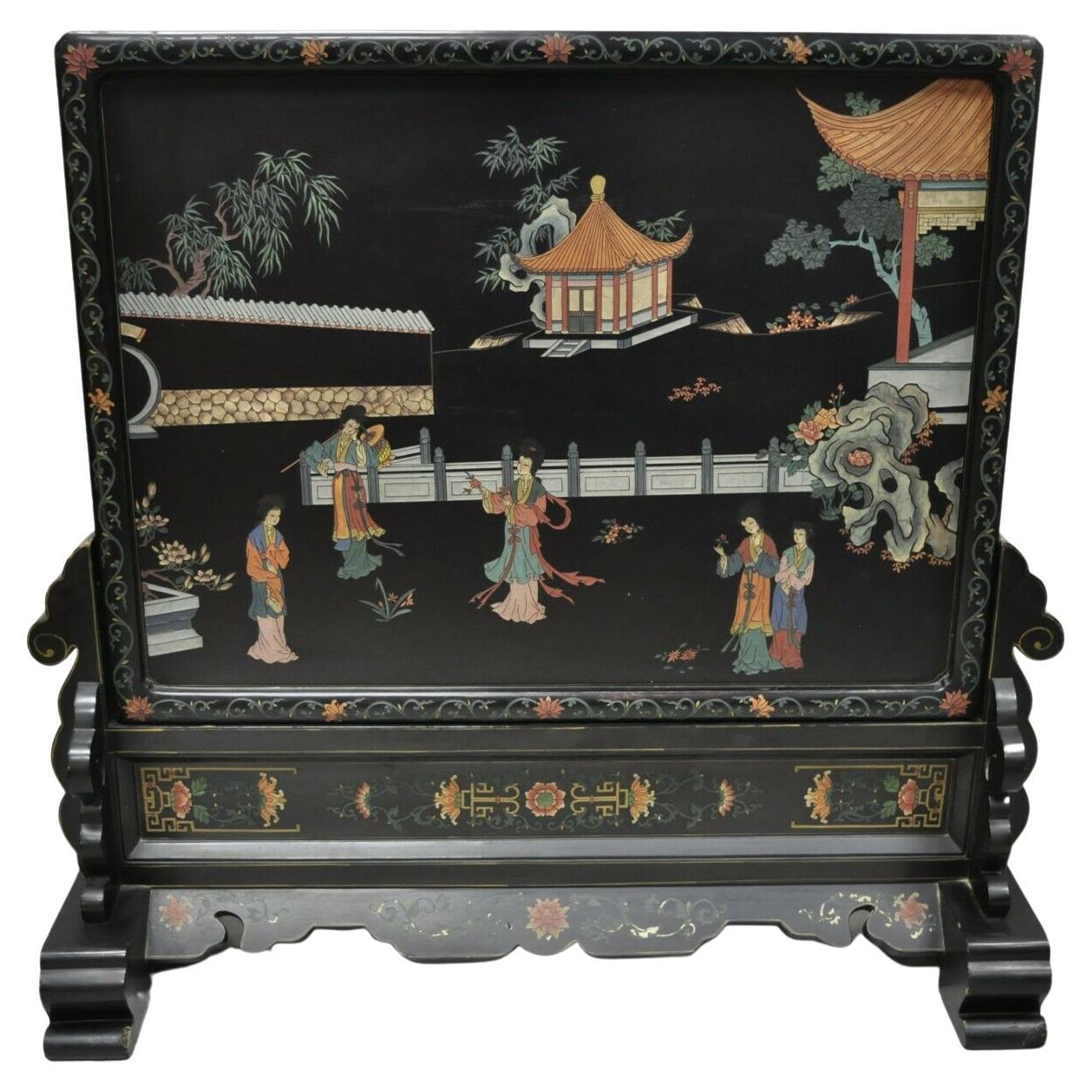 Vintage Chinese Black Lacquer Asian Fireplace Screen Fire Screen Divider