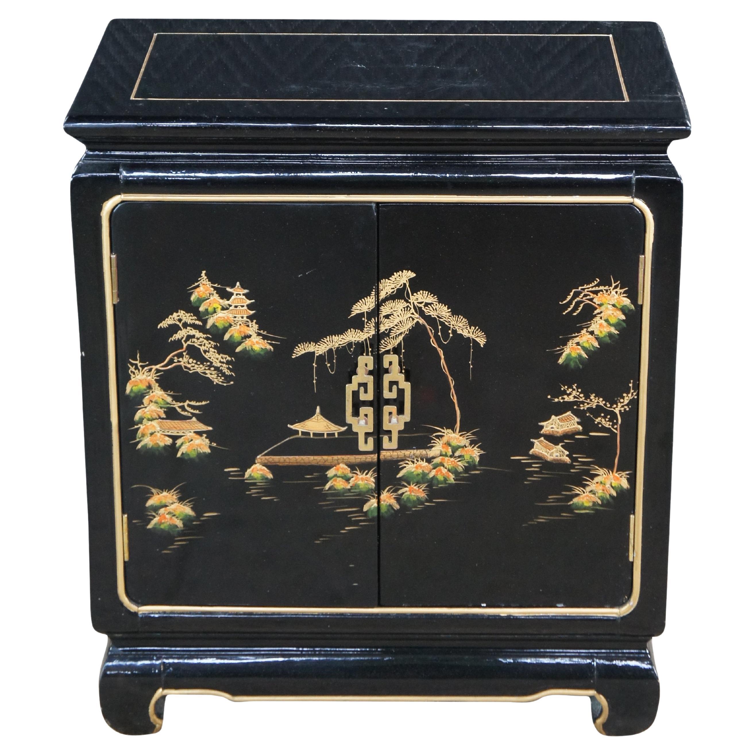 Vintage Chinese Black Lacquer Dimunitive Small Side Table Cabinet Chinoiserie