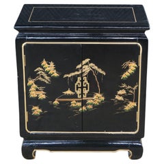 Vintage Chinese Black Lacquer Dimunitive Small Side Table Cabinet Chinoiserie