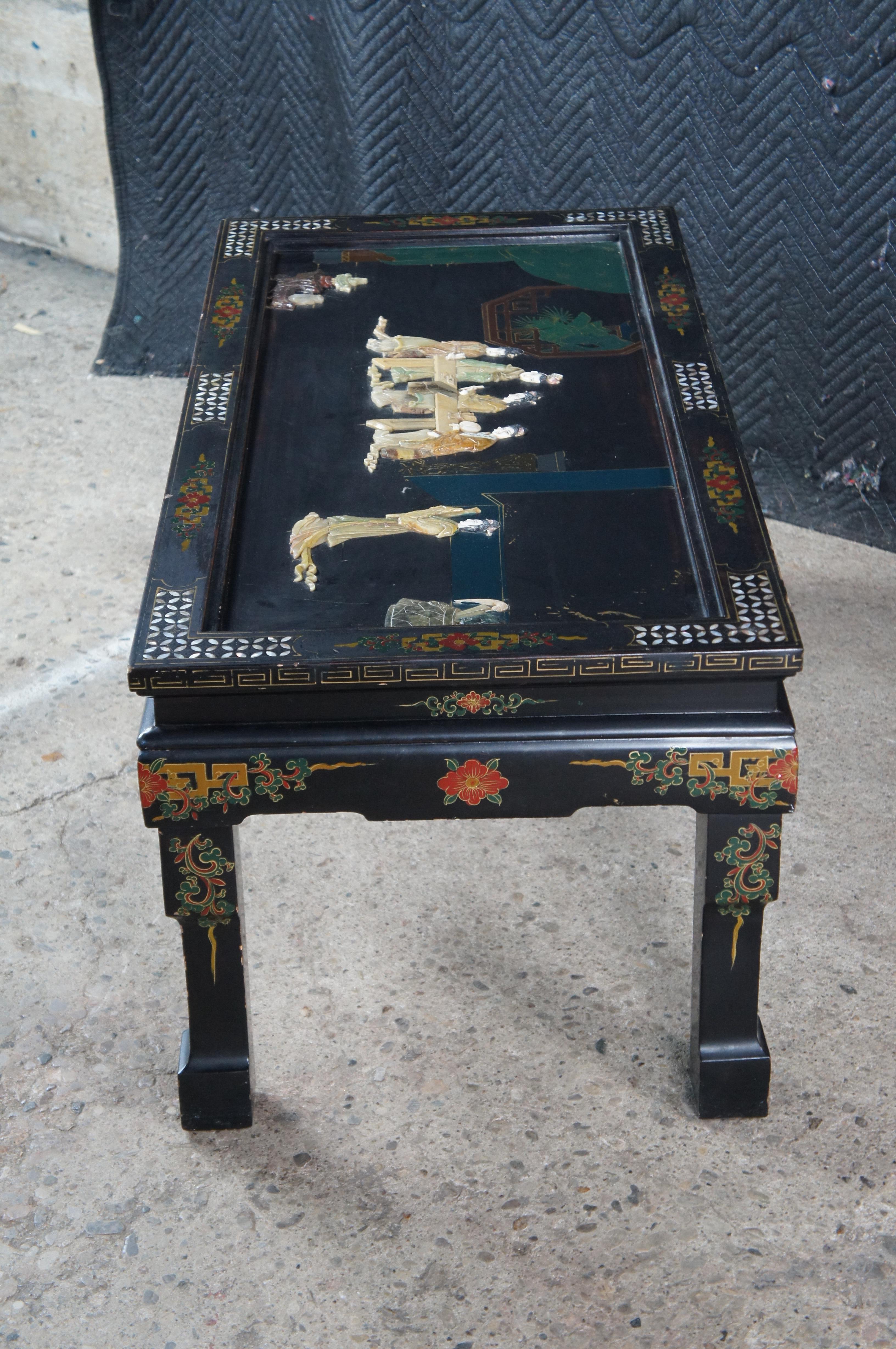 Vintage Chinese Black Lacquer Figural Soapstone Folding Coffee Table Chinoiserie For Sale 6