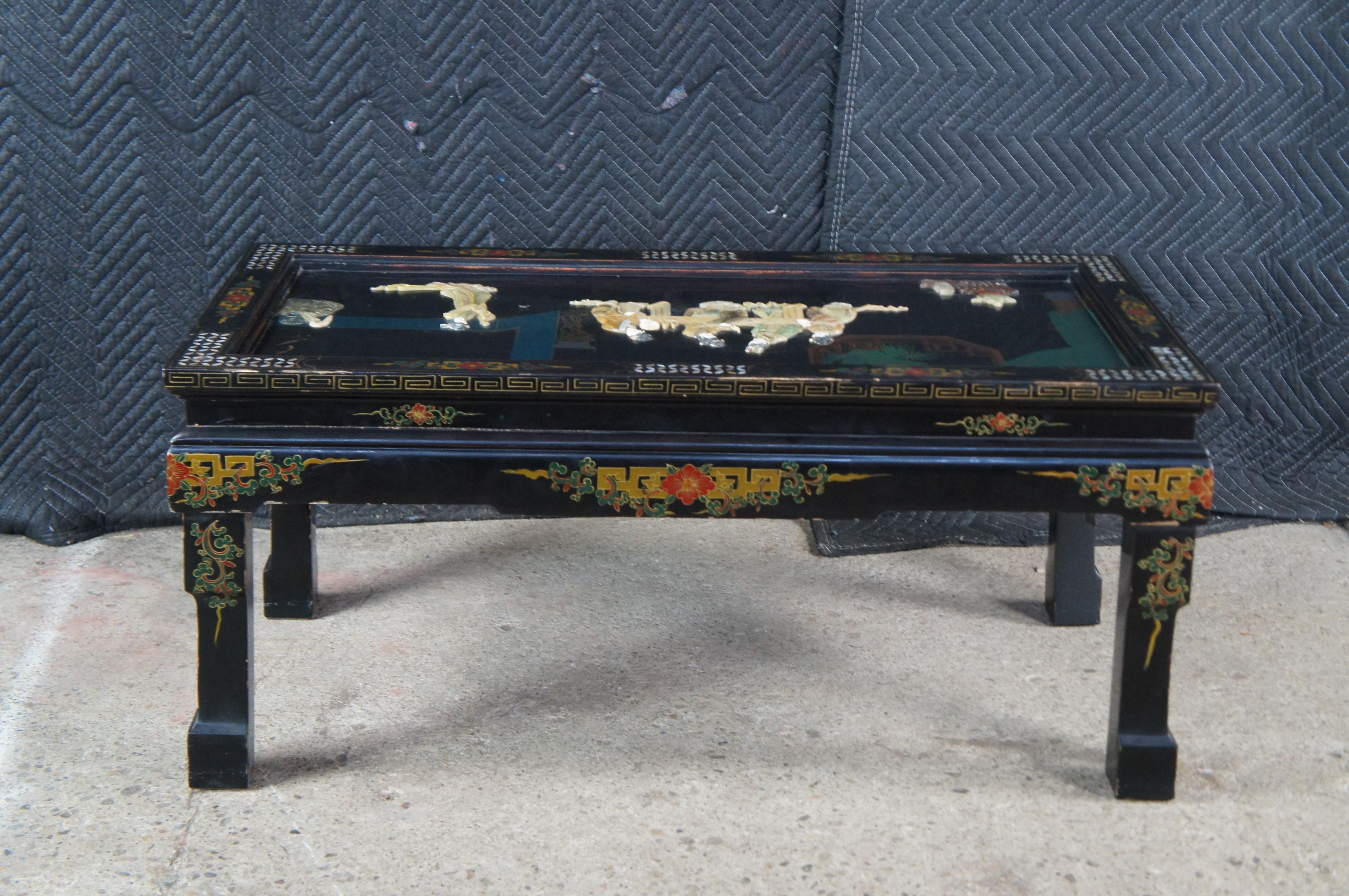Vintage Chinese Black Lacquer Figural Soapstone Folding Coffee Table Chinoiserie For Sale 8