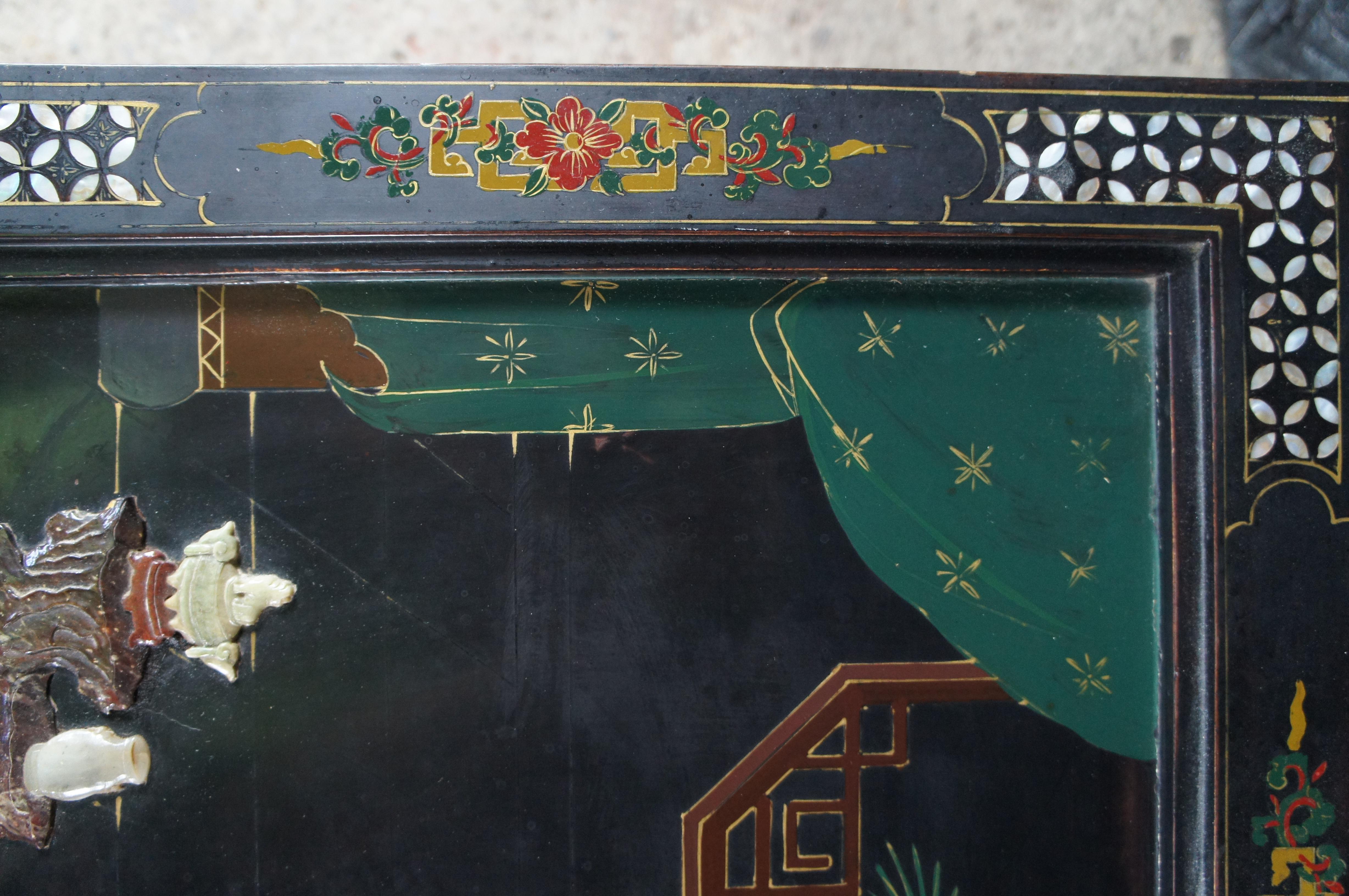 Vintage Chinese Black Lacquer Figural Soapstone Folding Coffee Table Chinoiserie For Sale 9