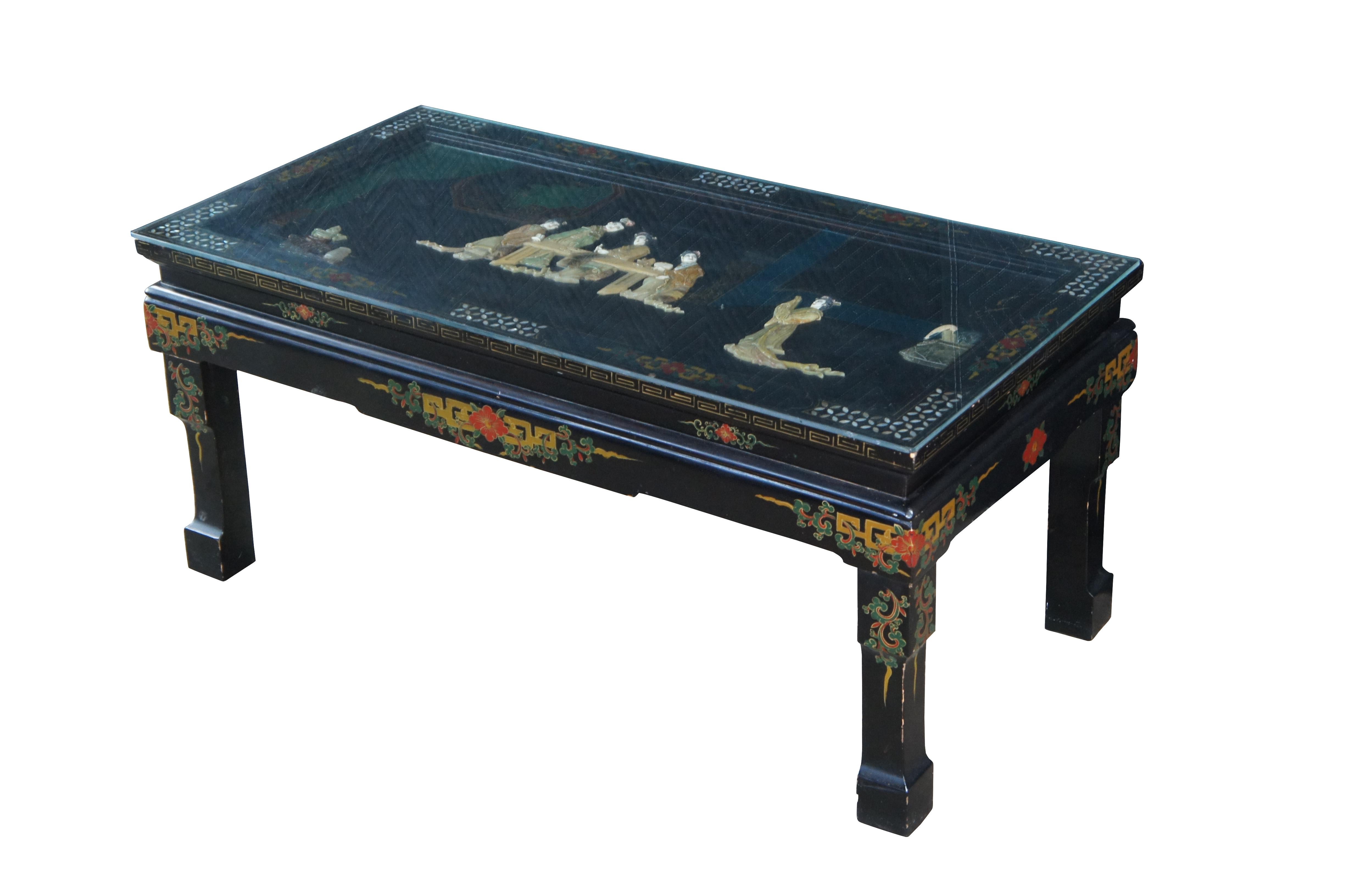 Vintage Chinese Black Lacquer Figural Soapstone Folding Coffee Table Chinoiserie In Good Condition For Sale In Dayton, OH