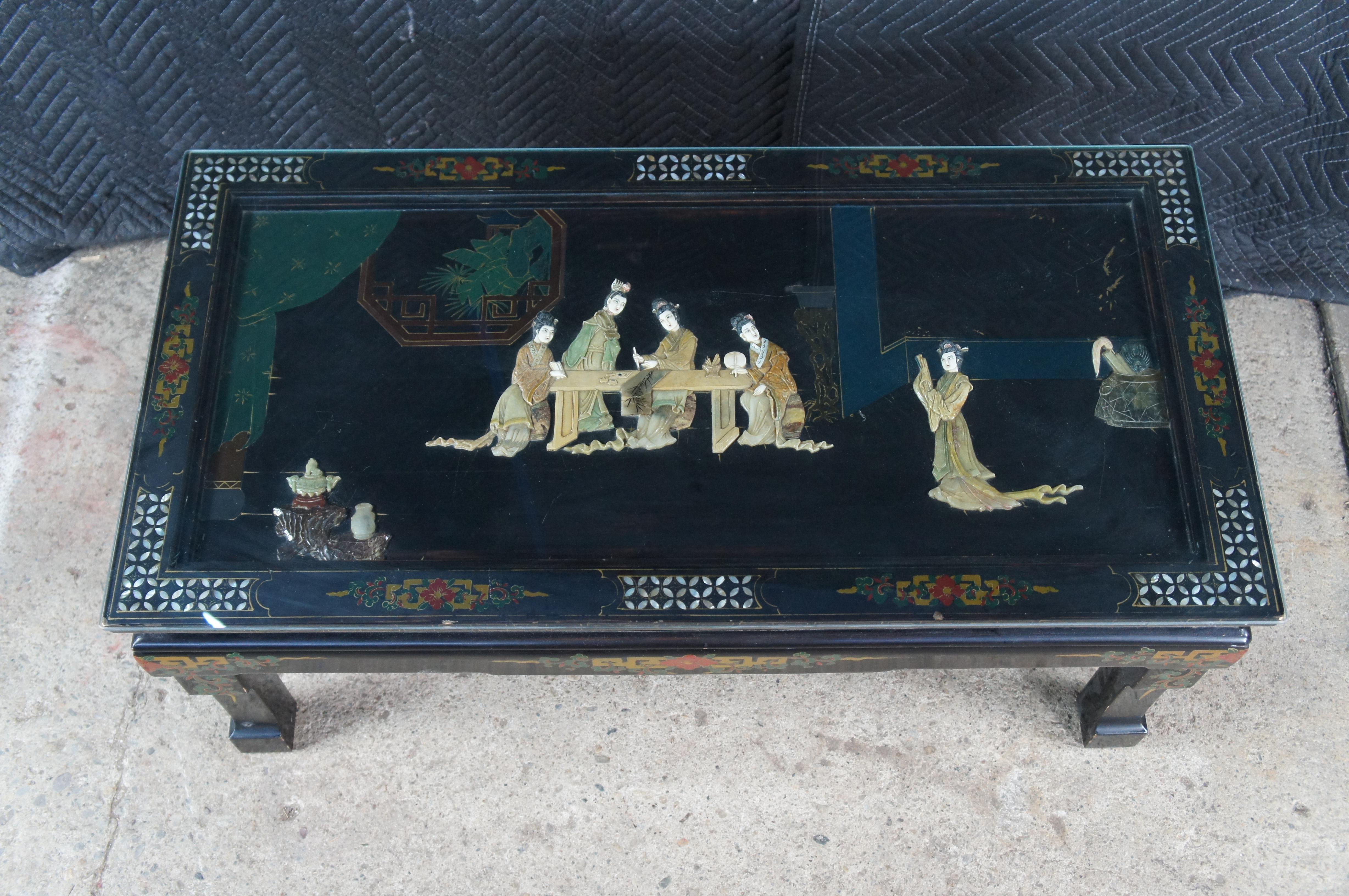 20th Century Vintage Chinese Black Lacquer Figural Soapstone Folding Coffee Table Chinoiserie For Sale