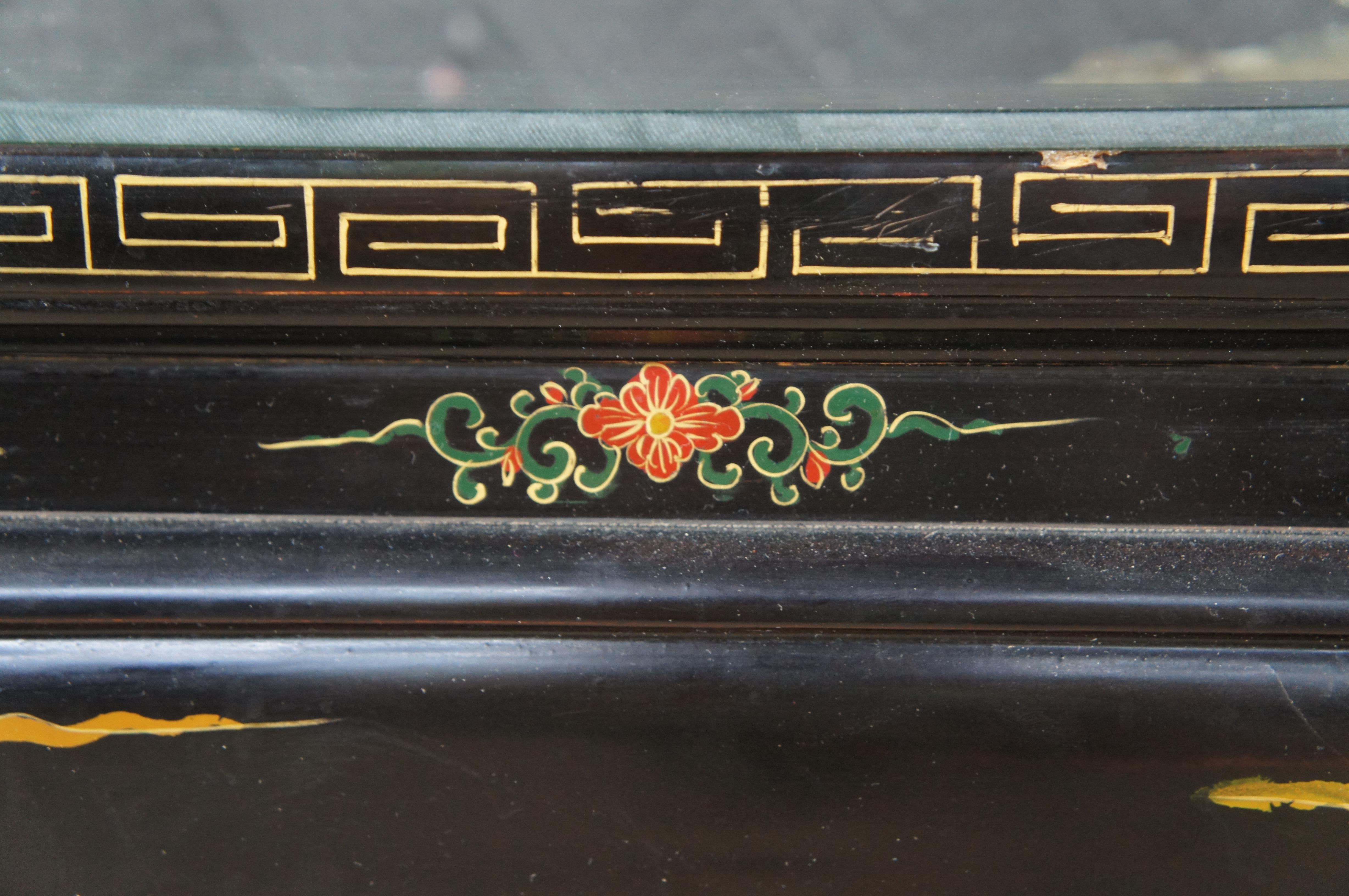 Vintage Chinese Black Lacquer Figural Soapstone Folding Coffee Table Chinoiserie For Sale 2