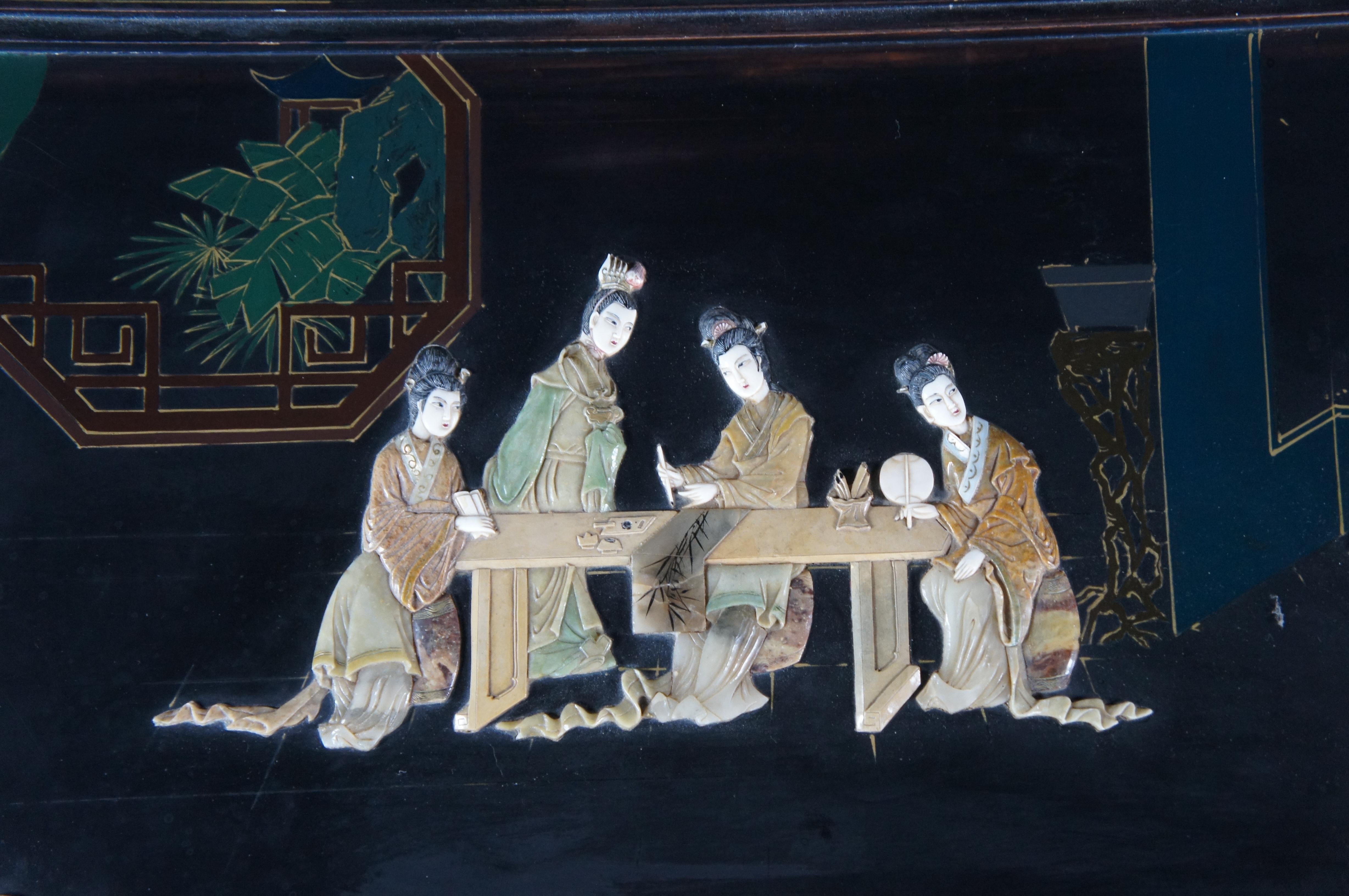 Vintage Chinese Black Lacquer Figural Soapstone Folding Coffee Table Chinoiserie For Sale 4