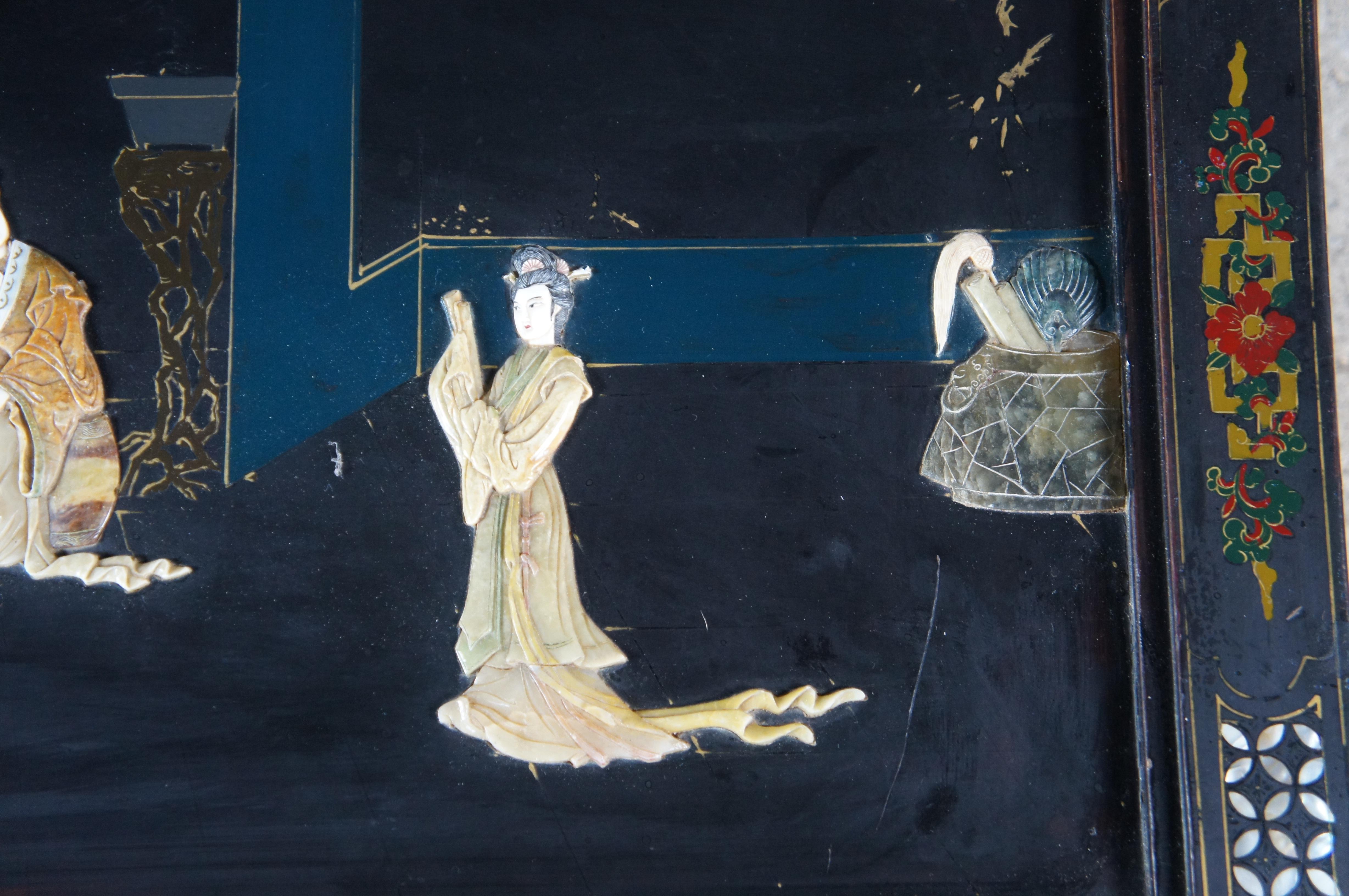 Vintage Chinese Black Lacquer Figural Soapstone Folding Coffee Table Chinoiserie For Sale 5