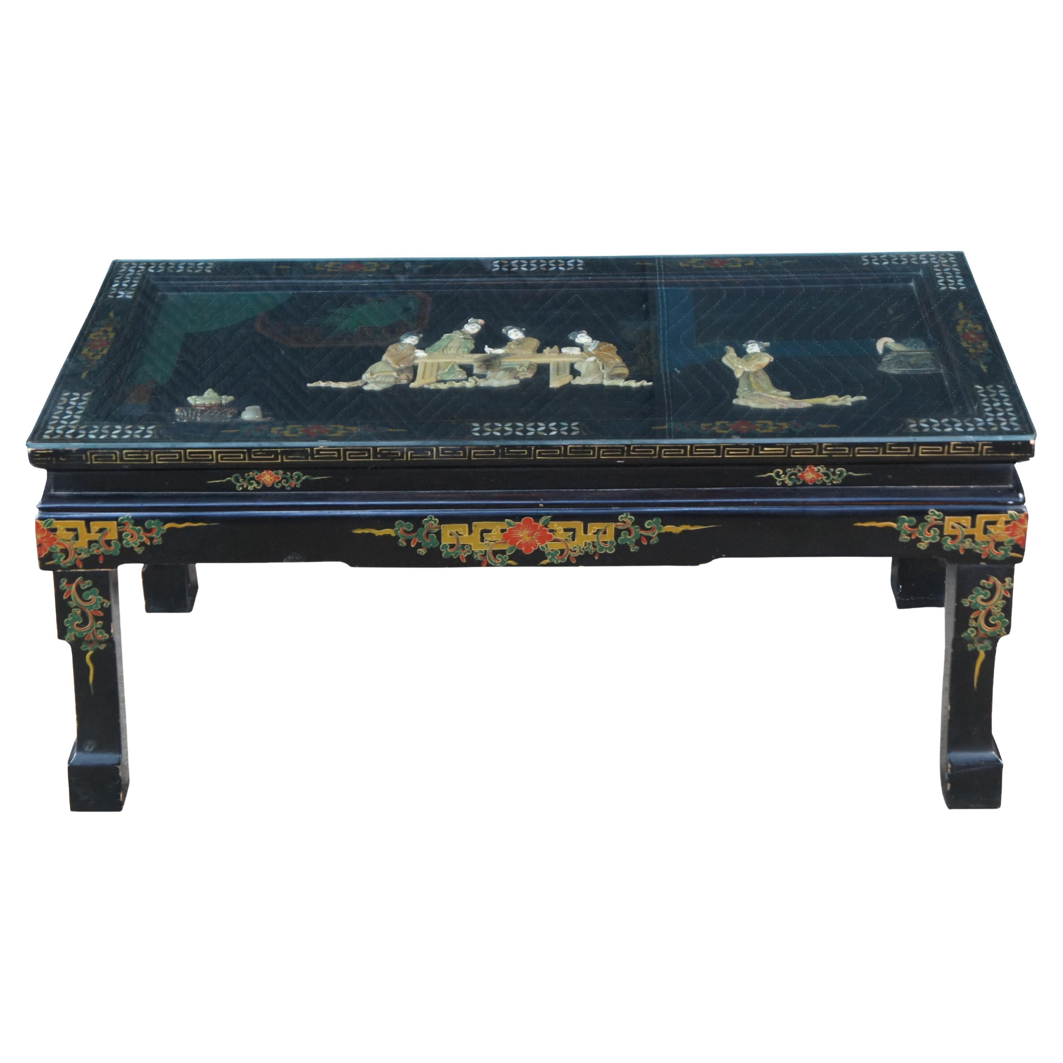Vintage Chinese Black Lacquer Figural Soapstone Folding Coffee Table Chinoiserie For Sale