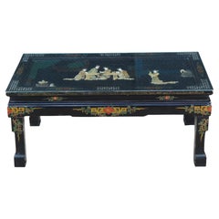 Vintage Chinese Black Lacquer Figural Soapstone Folding Coffee Table Chinoiserie
